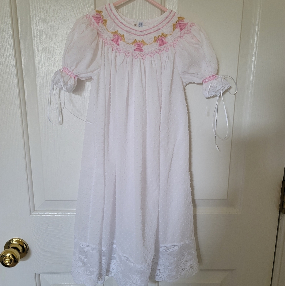 Swiss dot Smocked Christmas Angel dress with French lace.
